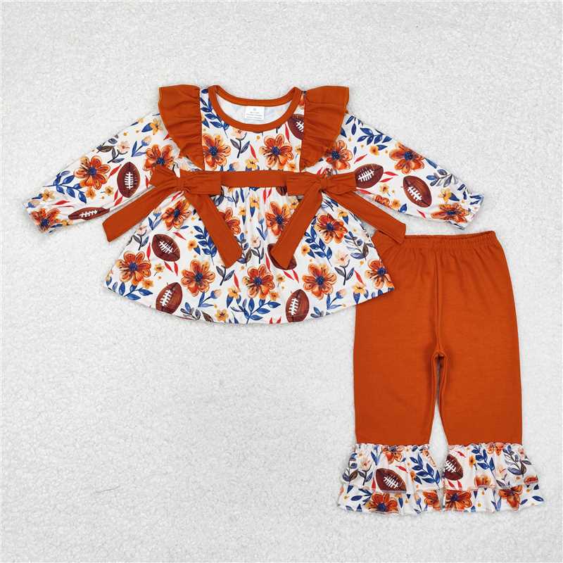 GLP1607 Baby Girls Fall Football Flowers Tunic Ruffle Pants Clothes Sets