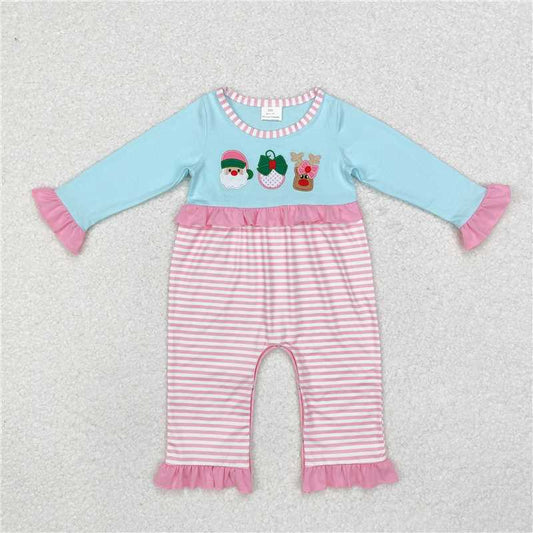 5.14 RTS NO MOQ Baby Girls Bodysuit LR1476 Christmas Long Sleeve Pink Stripes Santa Deer Rompers