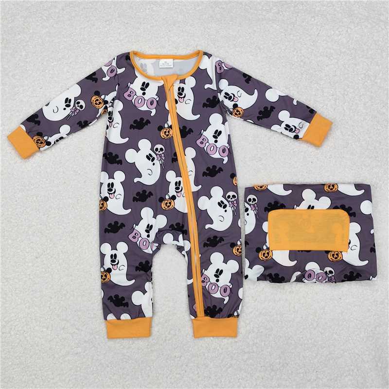 5.14 RTS NO MOQ Baby Boys Bodysuit LR1425 Halloween Grey Ghost Zip Long Sleeve Rompers