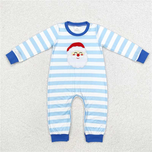 5.13 RTS NO MOQ Baby Boys Bodysuit LR1661 Christmas Blue Stripes Long Sleeve Santa Rompers