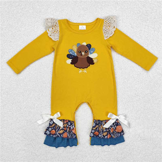 5.14 RTS NO MOQ Baby Girls Bodysuit LR1423 Thanksgiving Turkey Floral Long Sleeve Rompers