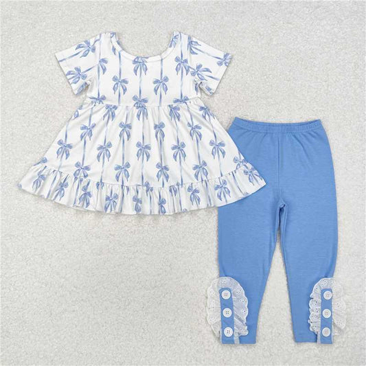 RTS NO MOQ Baby Girls Summer Kids Sets GSPO1688 Blue Bows Ruffle Top Legging Clothes Sets