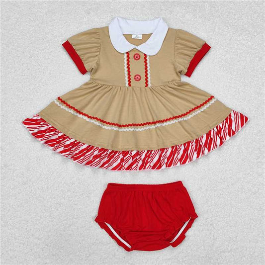 RTS NO MOQ Baby Girls Summer Outifts GBO0421 Christmas Gingerbread Tunic Top Bummies Clothes Sets