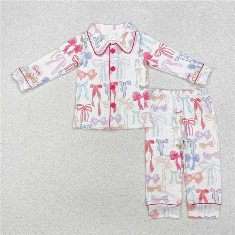 RTS NO MOQ Baby Girls Long Sleeve Outfits GLP2076 Colorful Bows Buttons Top Pants Pajamas Clothes Sets