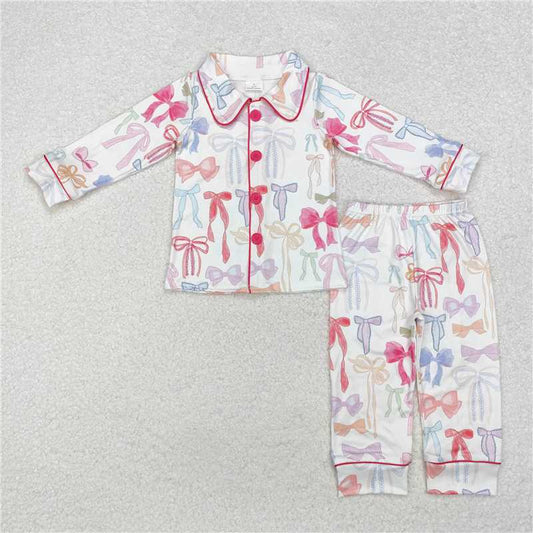 RTS NO MOQ Baby Girls Long Sleeve Outfits GLP2076 Colorful Bows Buttons Top Pants Pajamas Clothes Sets