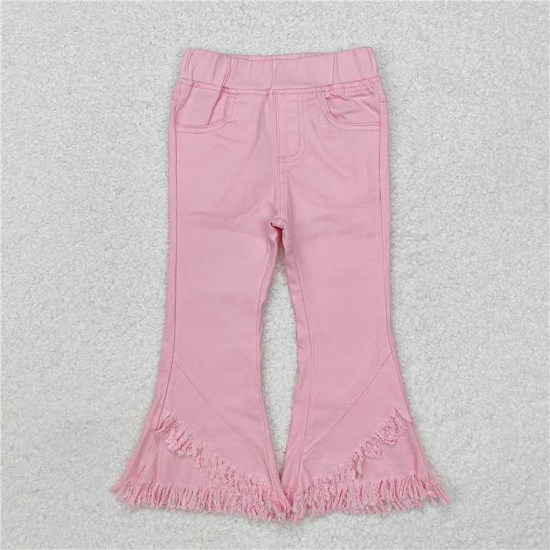 P0463 Baby Girls Elastic Pink Fringe Ruffle Denim Jeans