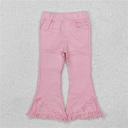 P0463 Baby Girls Elastic Pink Fringe Ruffle Denim Jeans