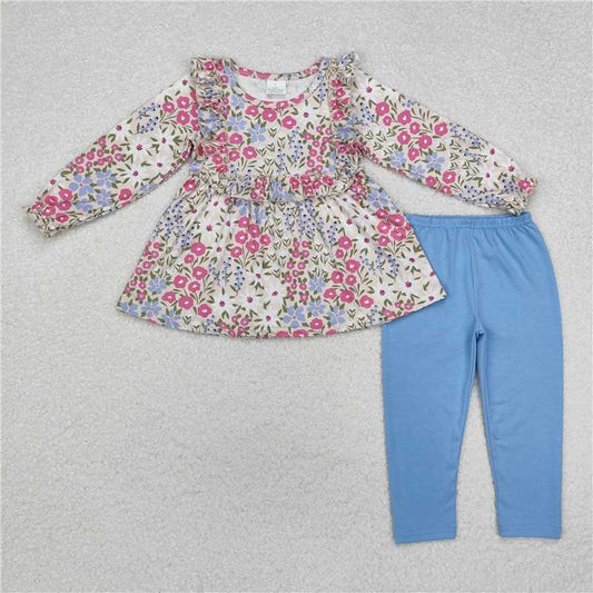 RTS NO MOQ Baby Girls Long Sleeve Outfits GLP1926 Blue Flowers Ruffle Tunic Tops Legging Clothes Sets