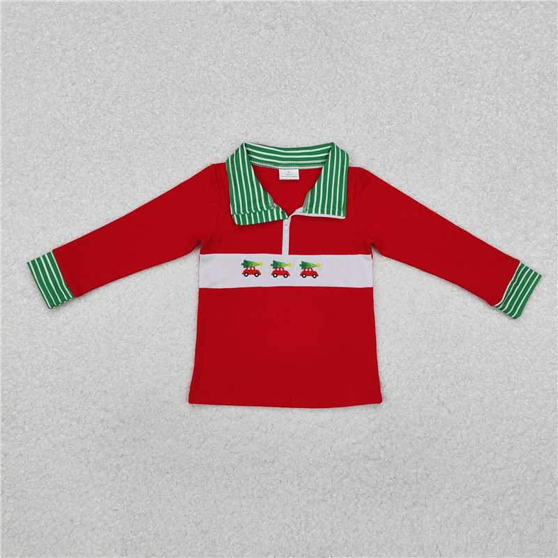 RTS NO MOQ Baby Boys Long Sleeve BT0930 Red Christmas Tree Cars Zip Pullovers Tops