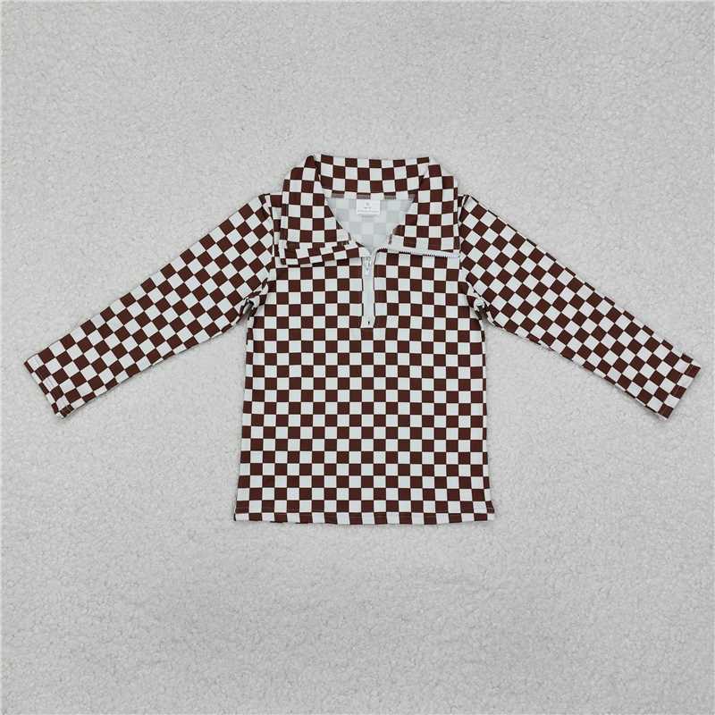 RTS NO MOQ Baby Girls Long sleeve GT0793 Brown Checkered Zip Pullovers Tops