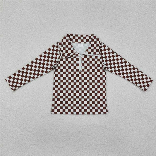 RTS NO MOQ Baby Girls Long sleeve GT0793 Brown Checkered Zip Pullovers Tops
