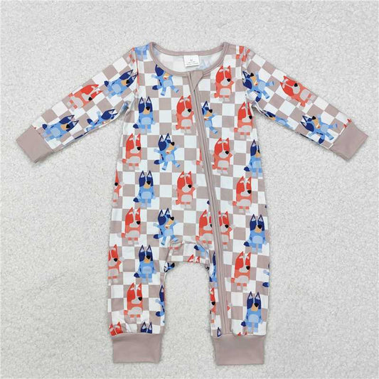 5.13 RTS NO MOQ Baby Boys Bodysuit LR1990 Khaki Dogs Checkered Zip Rompers