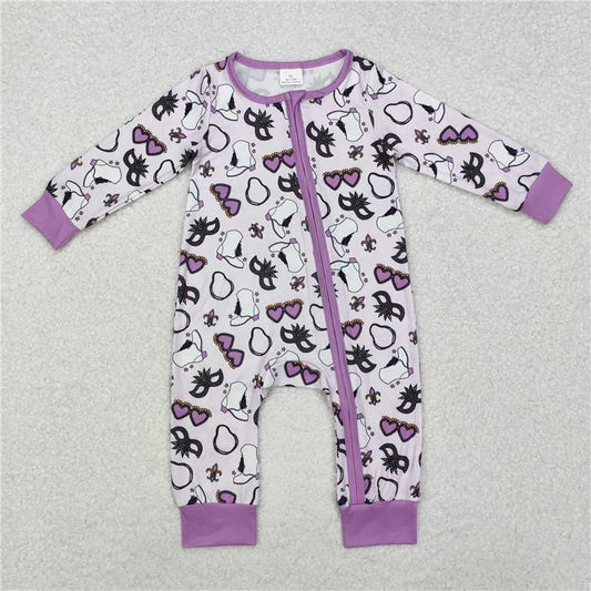 RTS NO MOQ Baby Girls Bodysuit LR2038 Purple Mardi Gras Zip Long Sleeve Rompers