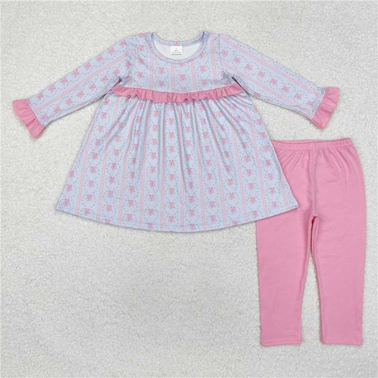 GLP2145 Baby Girls Pink Flowers Tunic Top Legging Clothes Sets