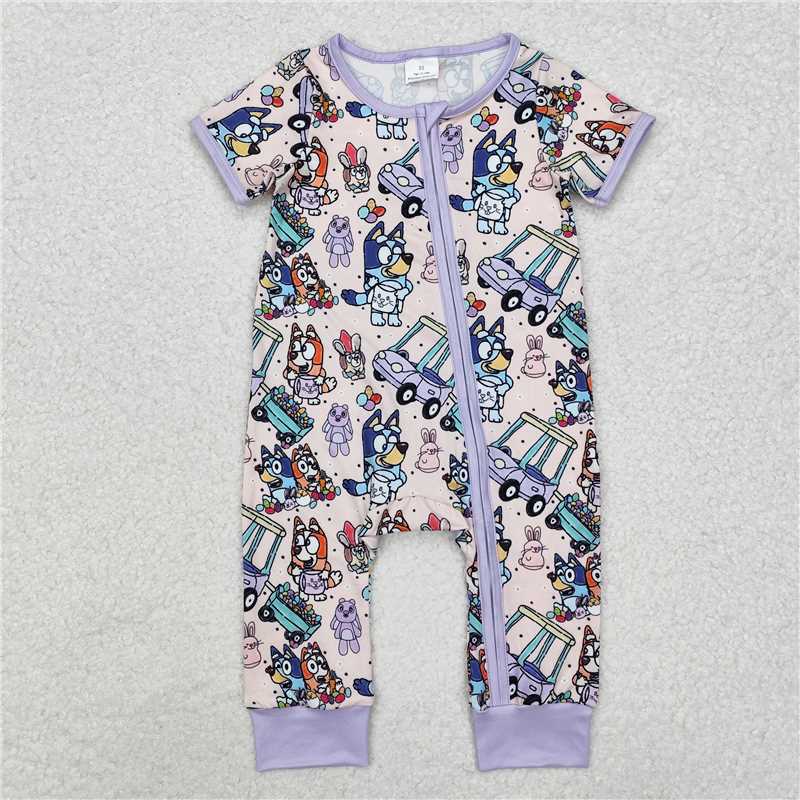 RTS NO MOQ Baby Boys Summer Bodysuit SR2095 Purple Dog Easter Rabbits Zip Rompers