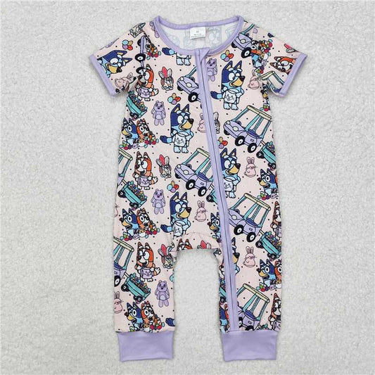 RTS NO MOQ Baby Boys Summer Bodysuit SR2095 Purple Dog Easter Rabbits Zip Rompers