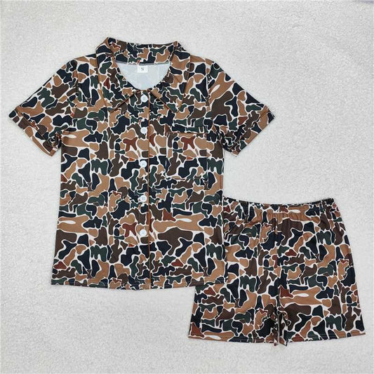 GSSO1538 Adult Women Duck Brown Camouflage Buttons Tops Shorts Pajamas