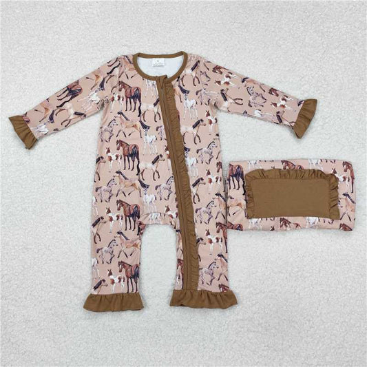RTS NO MOQ Baby Girls Bodysuit LR1771 Long Sleeve Horse Rodeo Western Zip Rompers