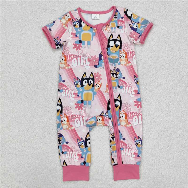 7.11 RTS NO MOQ Summer Baby Girls Bodysuit SR2105 Daddy's Girl Dogs Pink Zip Rompers