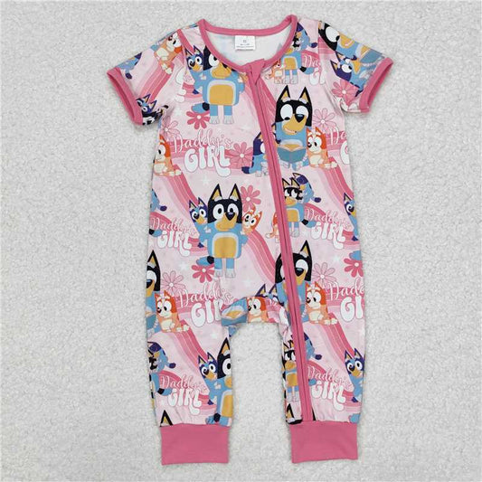 7.11 RTS NO MOQ Summer Baby Girls Bodysuit SR2105 Daddy's Girl Dogs Pink Zip Rompers