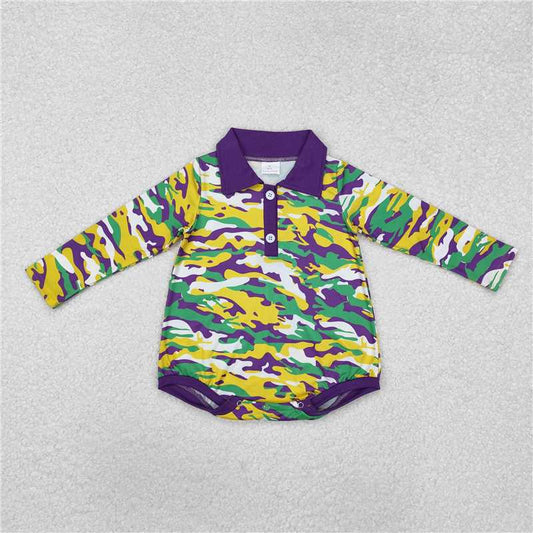 RTS NO MOQ Baby Boys Bodysuit LR2068 Mardi Gras Camo Buttons Polo Rompers