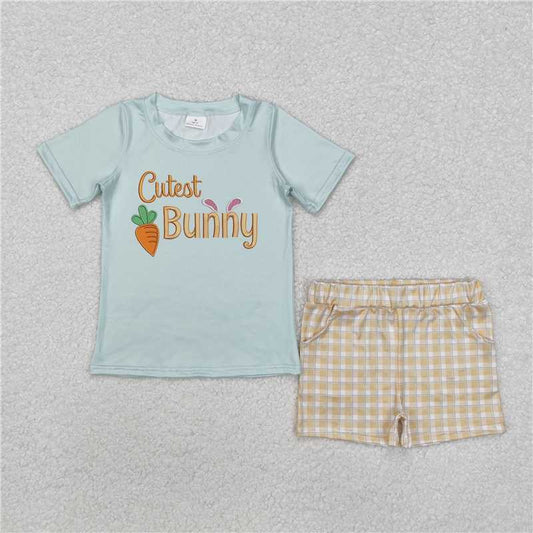 RTS NO MOQ Baby Boys kids Summer sets BSSO1073 Carrot Green Short Sleeve Orange Plaid Shorts Set