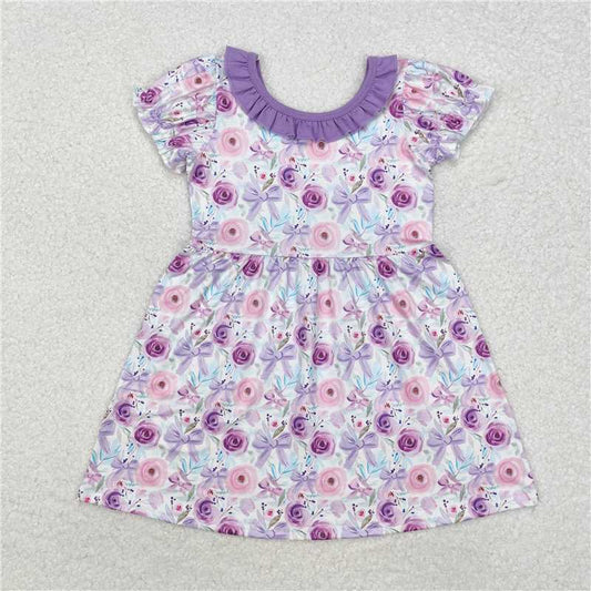 GSD1516 Baby Girls Purple Flowers Bows Knee Length Dresses