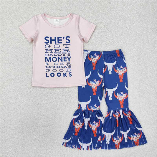 RTS NO MOQ Baby Girls Summer Kids Sets GSPO1720 Western Pink Top Cow Bell Pants Clothes Sets