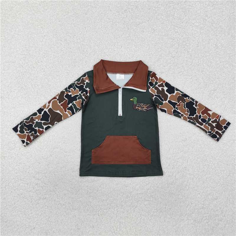 BT0927 Baby Boys Dark Green Camo Zip Duck Hunting Pullovers Tops