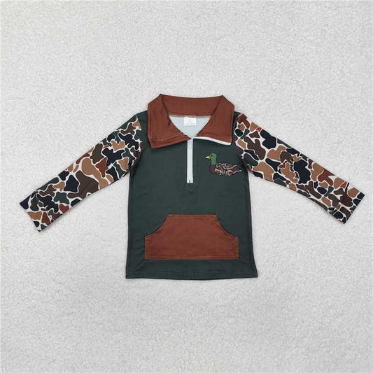 BT0927 Baby Boys Dark Green Camo Zip Duck Hunting Pullovers Tops