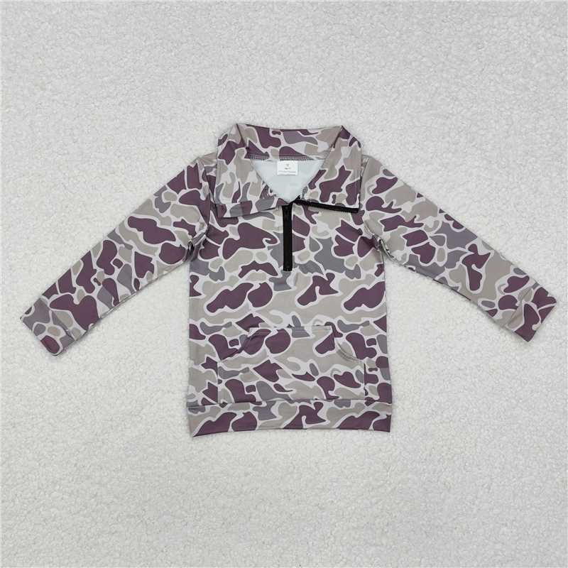 RTS NO MOQ Baby Boys Long Sleeve BT1036 Light Green Camo Zip Pocket Pullovers Tops