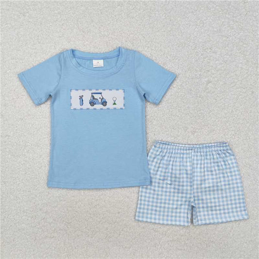 RTS NO MOQ Baby Boys kids Summer sets BSSO1052 Golf Sightseeing Cart Blue Short Sleeve Plaid Shorts Set