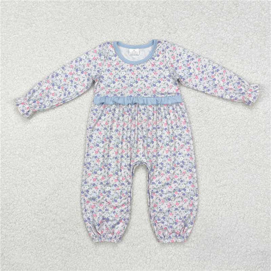 RTS NO MOQ Baby Girls Bodysuit LR2072 Blue Small Flowers Long Sleeve Rompers