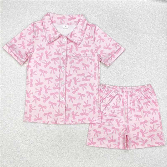 GSSO1535 Adult Women Pink Bows Buttons Tops Shorts Pajamas