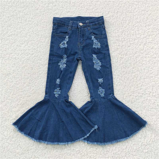 RTS NO MOQ Baby Girls Pants P0133 Navy Distressed Denim Bell Bottom Pants