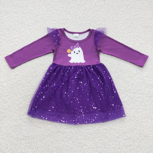7.5 RTS NO MOQ Baby Girls Long Sleeve GLD0314 Purple Ghost Sparkle Tutu Dresses