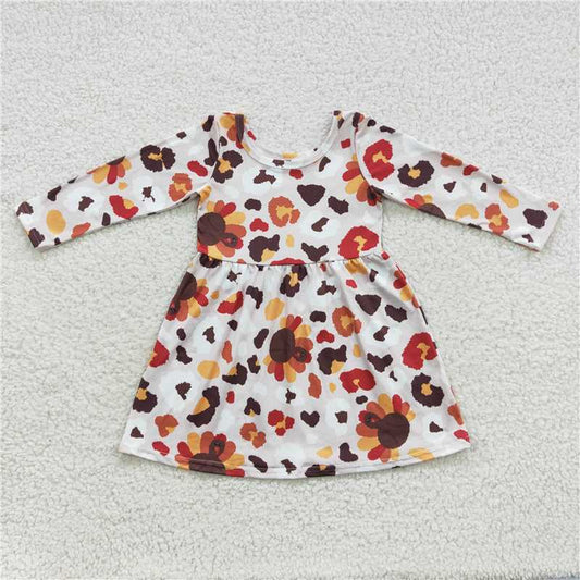7.5 RTS NO MOQ Baby Girls Long Sleeve GLD0320 Thanksgiving Leopard Turkey A-Line Knee Length Dresses
