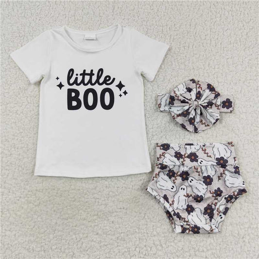 5.24 RTS NO MOQ Baby Girls Summer Outifts GBO0175 Halloween Little Boo Top Bummie Sets