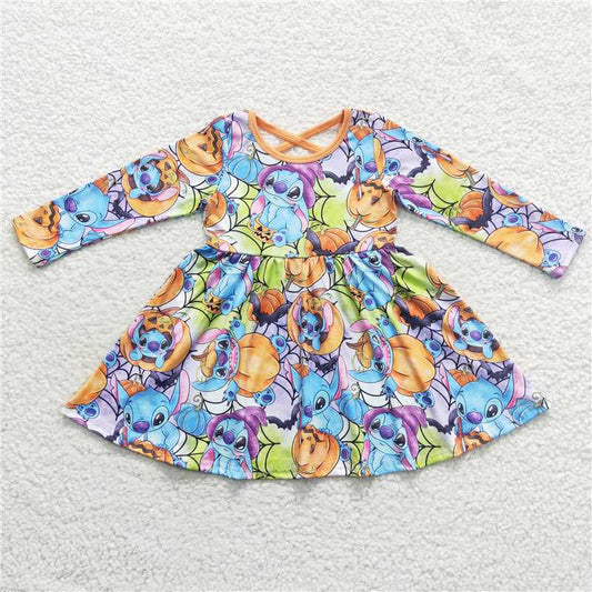 7.5 RTS NO MOQ Baby Girls Long Sleeve GLD0330 Halloween Orange Pumpkin Twirl Dresses