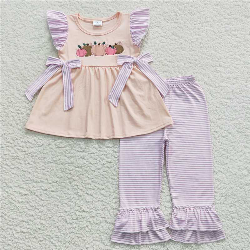 GSPO0783 Baby Girls Pumpkin Flutter Sleeve Top Ruffle Pants Clothes Sets