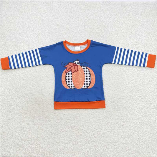 7.21 RTS NO MOQ Baby Boys Long Sleeve BT0243 Blue Stripe Fall Pumpkin Tee Shirts Tops