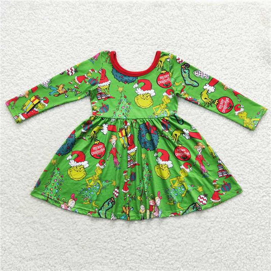 7.5 RTS NO MOQ Baby Girls Long Sleeve GLD0345 Christmas Green Face Knee Length Ruffle Dresses