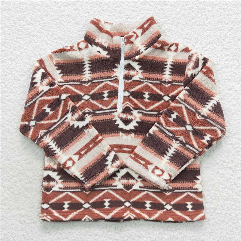7.10 RTS NO MOQ Baby Boys Long Sleeve BT0369 Brown Aztec Western Thick Zip Pullovers Tops