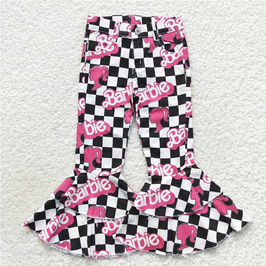 RTS NO MOQ Baby Girls Pants P0243 Black Checked Denim Bell Pants