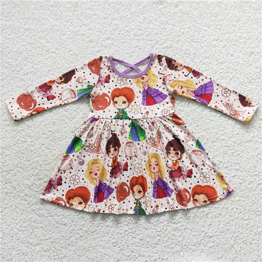 7.5 RTS NO MOQ Baby Girls Long Sleeve GLD0353 Halloween Witches Pumpkin Knee Length Dresses
