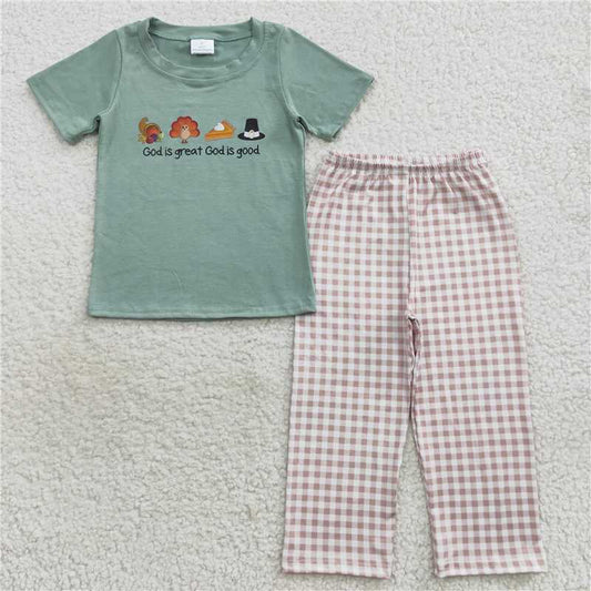 7.3 RTS NO MOQ Baby Boys Summer Sets BSPO0163 Thanksgiving Green Turkey 2Pcs Pants Clothes Sets