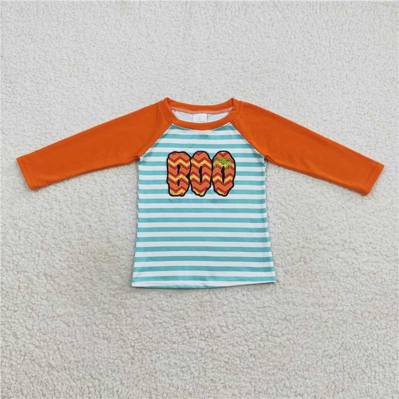 7.10 RTS NO MOQ Baby Boys Long Sleeve BT0312 Halloween Stripes Boo Long Sleeve Raglan Tops