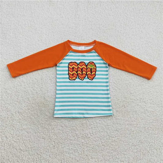 7.10 RTS NO MOQ Baby Boys Long Sleeve BT0312 Halloween Stripes Boo Long Sleeve Raglan Tops