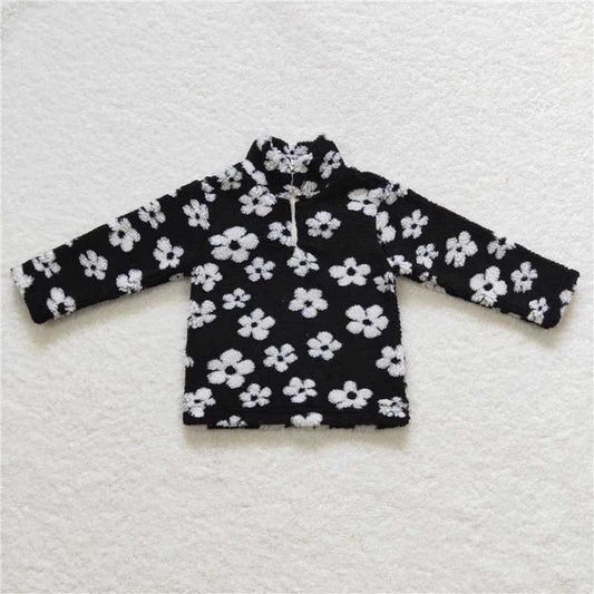6.24 RTS NO MOQ Baby Girls Long Sleeve GT0270 Black White Flowers Thick Pullovers Tops