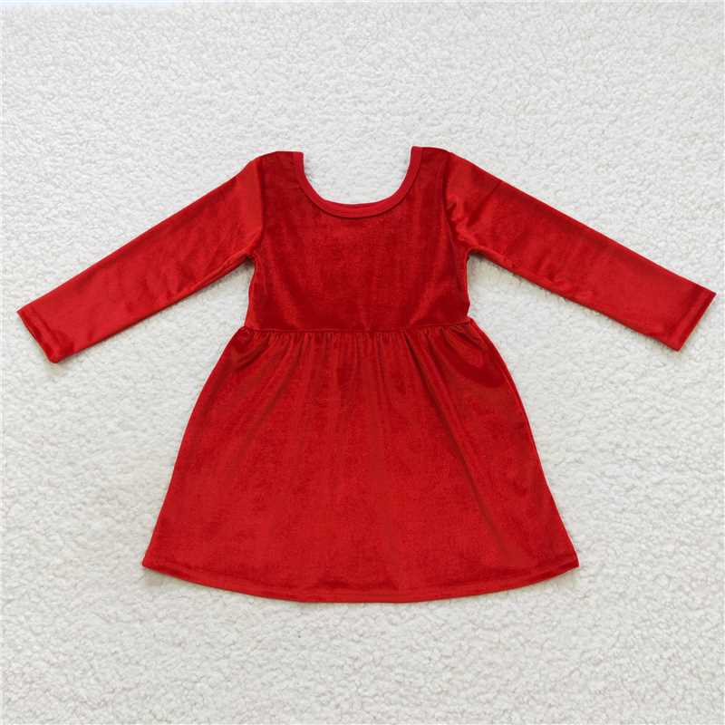 7.5 RTS NO MOQ Baby Girls Long Sleeve GLD0335 Red Long Sleeve Velvet Knee Length Dresses